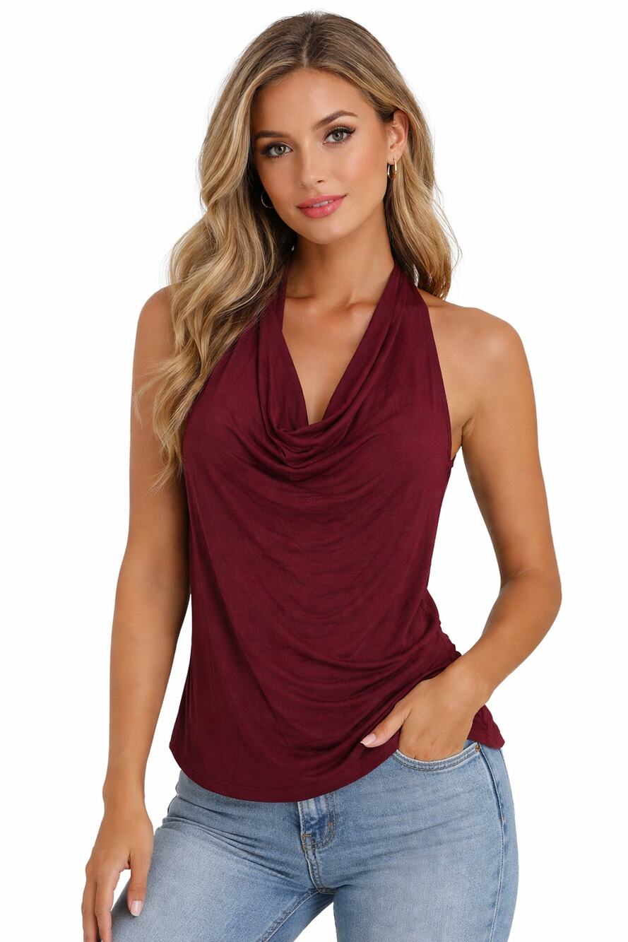 Halara Draped Halter Top Burgundy Sleeveless Cowl Neck Open Back Stretch XL